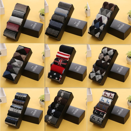 5 Pairs Knitted Business Socks Set Men Official Argyle Socks Crew Length for Winter