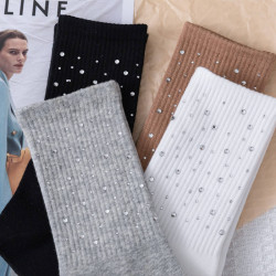 Comfortable Spring Winter Warm Fuzzy Fluffy Ribbed Pattern Soft Cotton Rhinestone Studded Women Crew Wool Socks