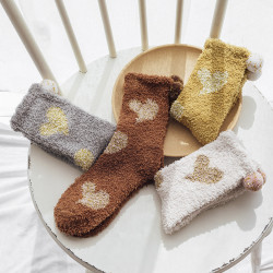 Winter Sleeping Pom Pom Socks Cute Heart Women Fuzzy Socks