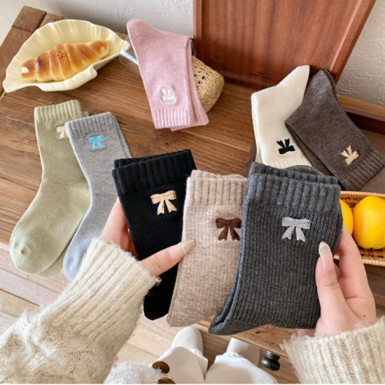 Women's Cute Bowknot Slipper Socks Cozy Cotton Knit Mid-Calf Length Versatile Japanese Style Socks