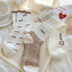 5 Pairs Cute Smiling Print Socks, Comfy & Soft Crew Sports Socks, Women's Stockings & Hosiery