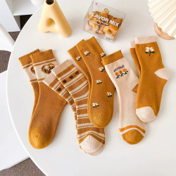  5 Pairs Per Set Korean Style Women Socks Custom Autumn Winter Flower Stripes Cute Warm Breathable Mid-Tube Terry Socks