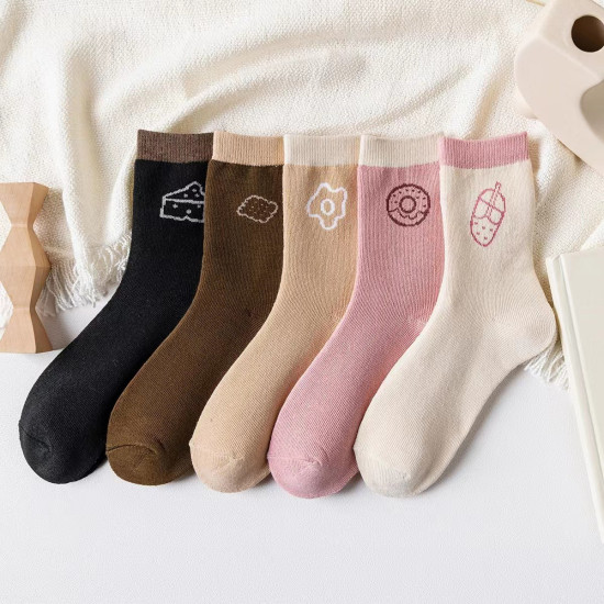 5 Pairs Per Set Korean Style Women Socks Custom Autumn Winter Flower Stripes Cute Warm Breathable Mid-Tube Terry Socks