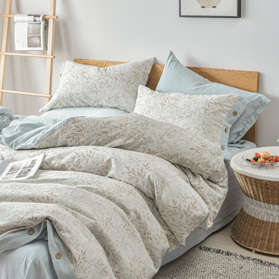 100%cotton Four Piece Bedding Set Leaf Design Nature Ultra Soft Premium Quilt Cover Blue Style Cosmetic