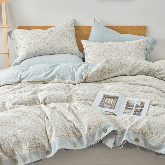 100%cotton Four Piece Bedding Set Leaf Design Nature Ultra Soft Premium Quilt Cover Blue Style Cosmetic
