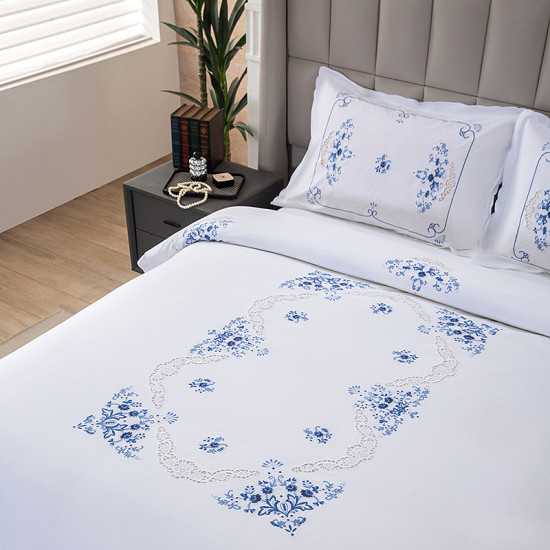 Pure 100% Cotton Bedsheet Set, White Three-Piece Blue Floral Embroidery with Delicate Perforation, Soft Luxury Bed Linen