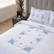 Pure 100% Cotton Bedsheet Set, White Three-Piece Blue Floral Embroidery with Delicate Perforation, Soft Luxury Bed Linen