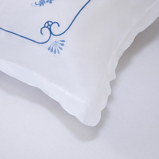 Pure 100% Cotton Bedsheet Set, White Three-Piece Blue Floral Embroidery with Delicate Perforation, Soft Luxury Bed Linen