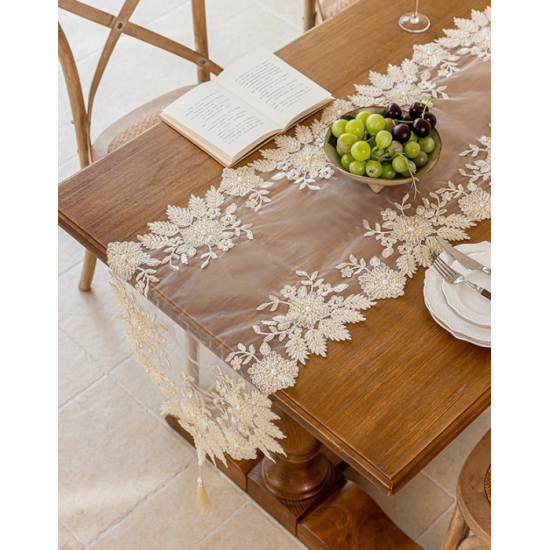 Summer Anne's  Dining Table Decoration Minimalist White Embroidery Mesh Long Strip Cloth Lace Table Runner