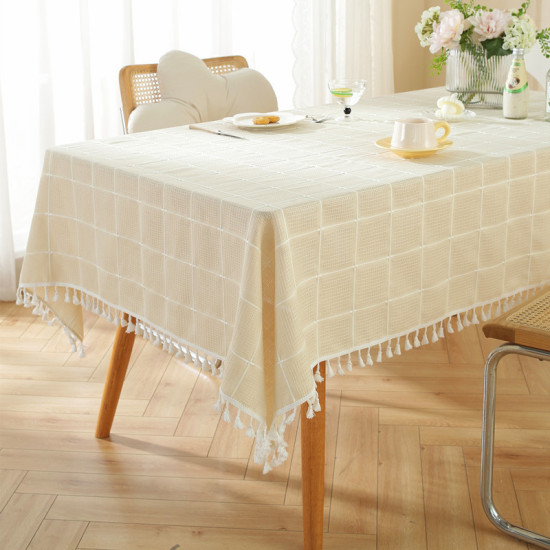 GOTS Certified Durable Organic Cotton Tablecloth Beige Home Decorative Woven with Embroidered Striped Pattern